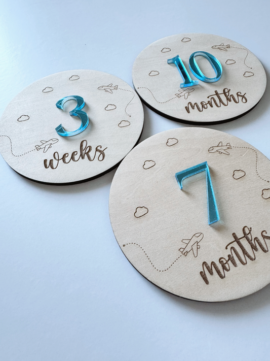 Clouds & Airplanes Engraved Baby Milestone Set – (Set of 15) + Storage Bag